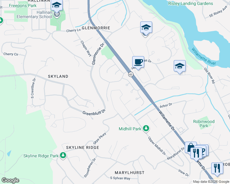 map of restaurants, bars, coffee shops, grocery stores, and more near 17563 Hillside Drive in West Linn
