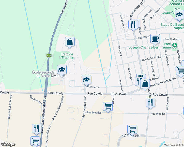 map of restaurants, bars, coffee shops, grocery stores, and more near 985 Rue du Verbe-Divin in Granby