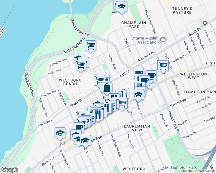 map of restaurants, bars, coffee shops, grocery stores, and more near 1950 Scott Street in Ottawa