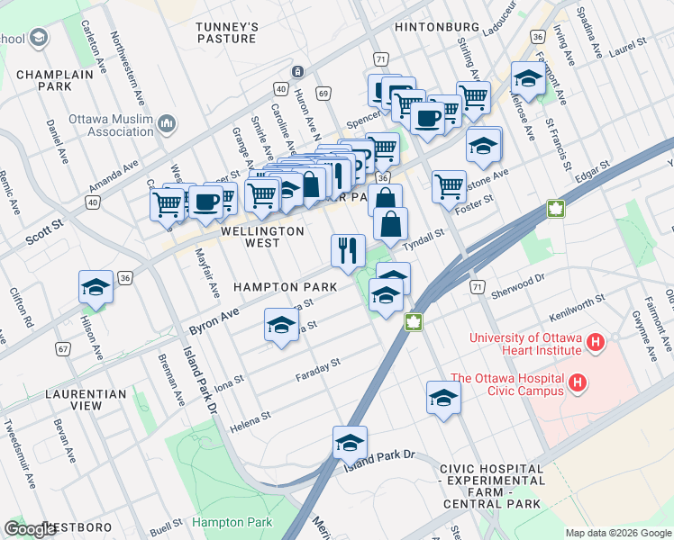 map of restaurants, bars, coffee shops, grocery stores, and more near 40 Byron Avenue in Ottawa