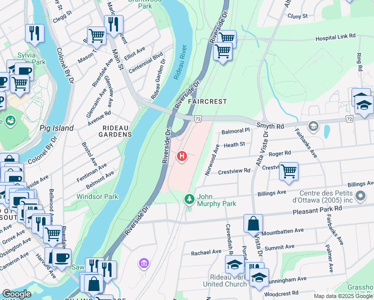 map of restaurants, bars, coffee shops, grocery stores, and more near 1919 Riverside Drive in Ottawa