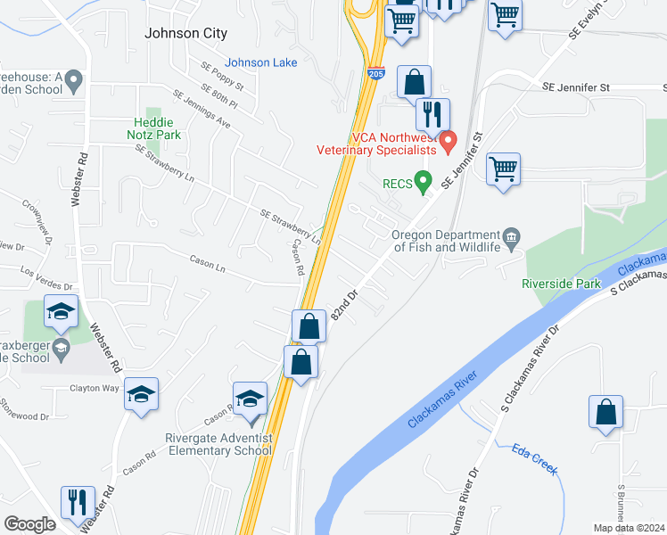map of restaurants, bars, coffee shops, grocery stores, and more near 8835 Southeast Tiffany Court in Clackamas