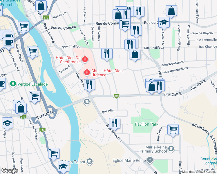 map of restaurants, bars, coffee shops, grocery stores, and more near 667 Rue Patricia in Sherbrooke