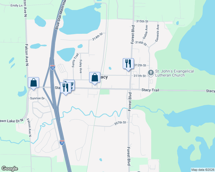 map of restaurants, bars, coffee shops, grocery stores, and more near 5880 Stacy Trail in Stacy