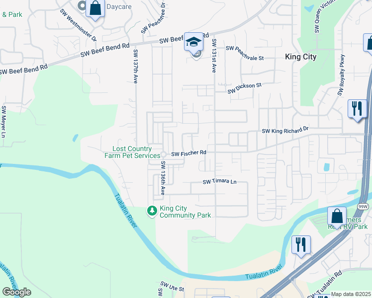 map of restaurants, bars, coffee shops, grocery stores, and more near 16917 Southwest 133rd Terrace in King City