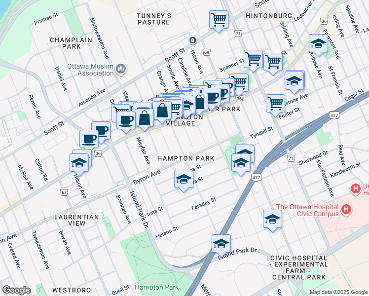 map of restaurants, bars, coffee shops, grocery stores, and more near 32 Clarendon Avenue in Ottawa