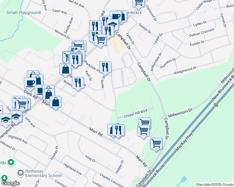 map of restaurants, bars, coffee shops, grocery stores, and more near 34 Chapel Road in Rothesay
