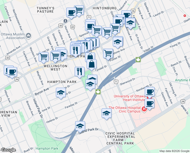 map of restaurants, bars, coffee shops, grocery stores, and more near 199 Holland Avenue in Ottawa