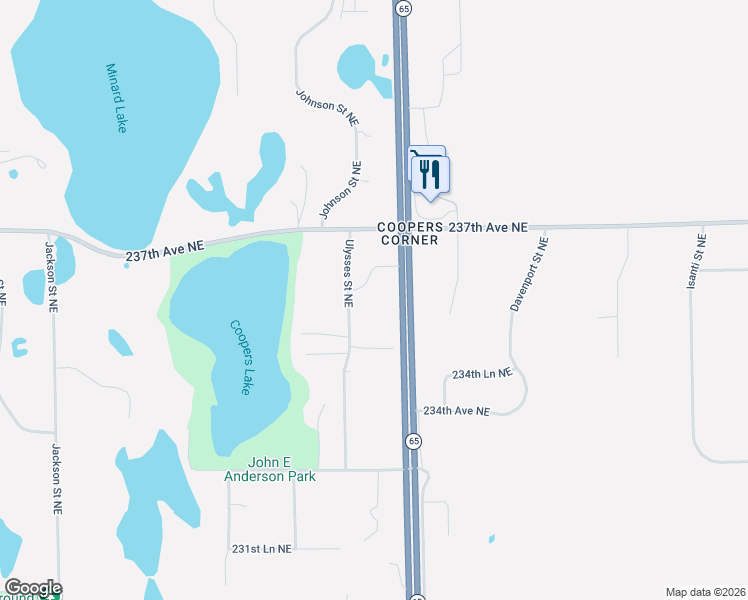 map of restaurants, bars, coffee shops, grocery stores, and more near 23622 Minnesota 65 in Bethel