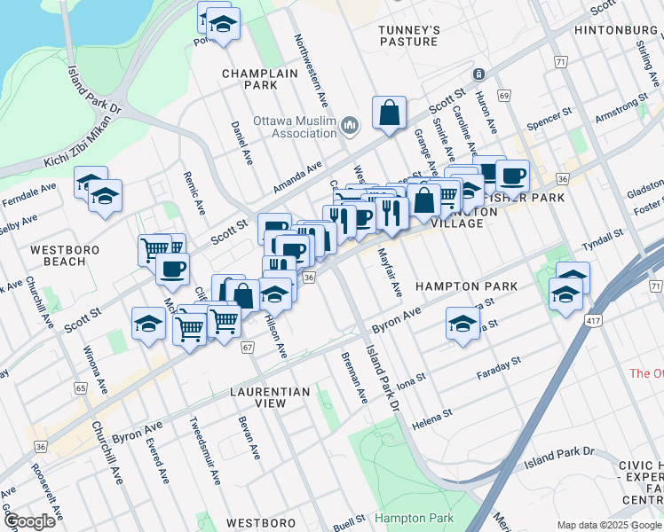 map of restaurants, bars, coffee shops, grocery stores, and more near 351 Island Park Drive in Ottawa