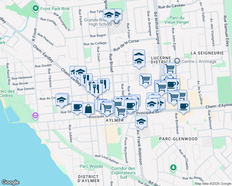 map of restaurants, bars, coffee shops, grocery stores, and more near 40 Rue Broad in Gatineau