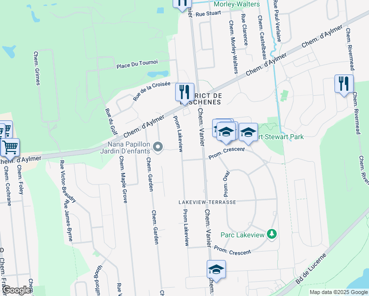 map of restaurants, bars, coffee shops, grocery stores, and more near 25 Prom Lakeview in Gatineau