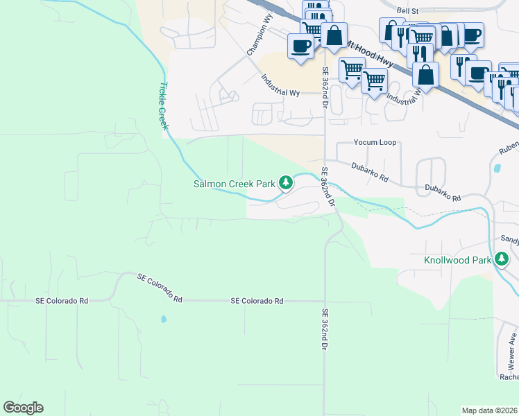 map of restaurants, bars, coffee shops, grocery stores, and more near 35822 Chinook Street in Sandy