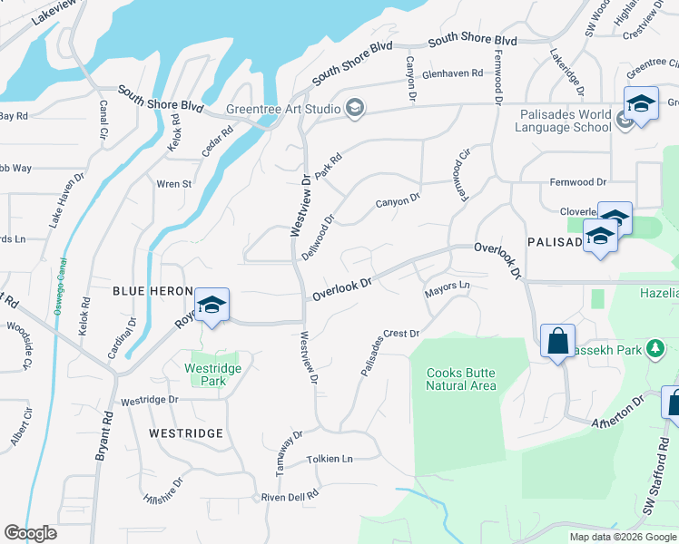map of restaurants, bars, coffee shops, grocery stores, and more near 17769 Overlook Circle in Lake Oswego