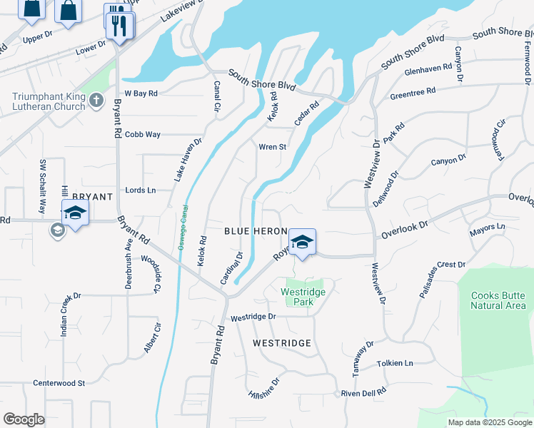 map of restaurants, bars, coffee shops, grocery stores, and more near 17556 Blue Heron Way in Lake Oswego