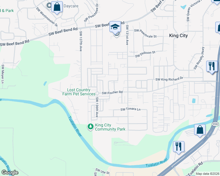 map of restaurants, bars, coffee shops, grocery stores, and more near 16942 Southwest 134th Terrace in King City