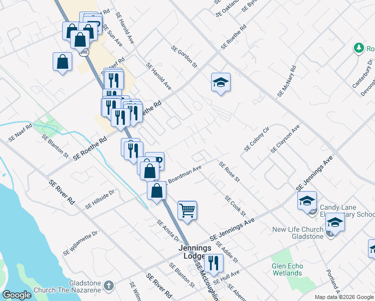 map of restaurants, bars, coffee shops, grocery stores, and more near 4802 Southeast Ina Avenue in Milwaukie