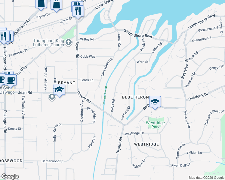 map of restaurants, bars, coffee shops, grocery stores, and more near 17757 Kelok Road in Lake Oswego