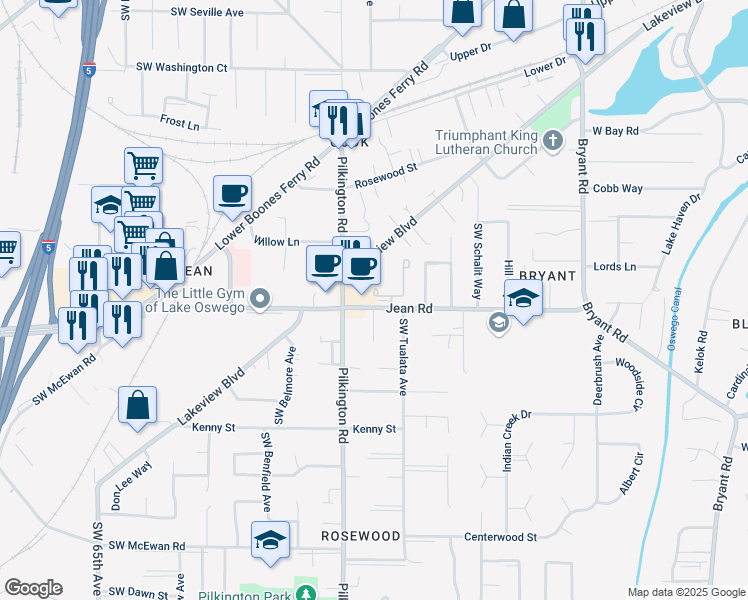 map of restaurants, bars, coffee shops, grocery stores, and more near 5225 Jean Road in Lake Oswego