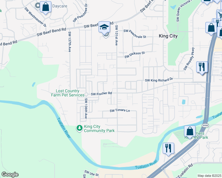 map of restaurants, bars, coffee shops, grocery stores, and more near 16935 Southwest 131st Avenue in King City