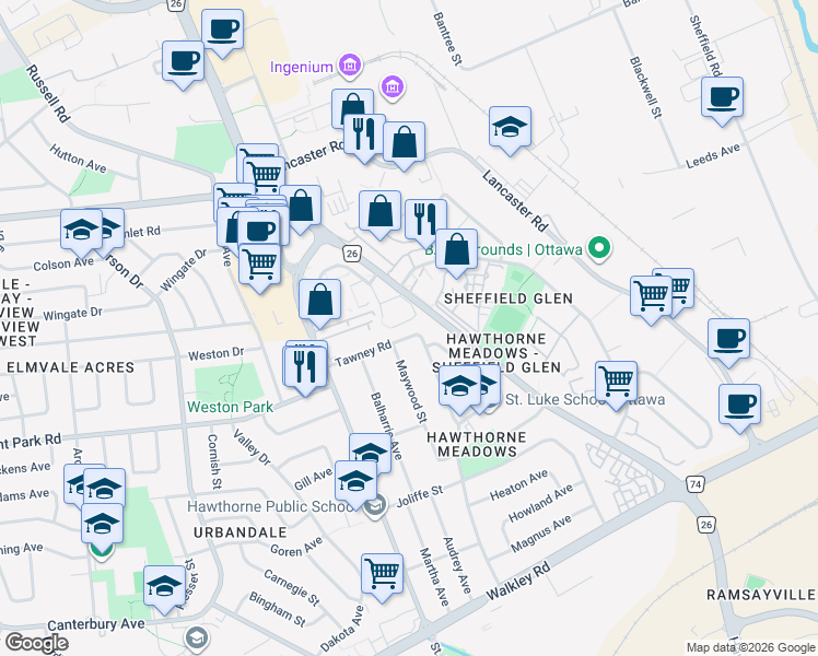 map of restaurants, bars, coffee shops, grocery stores, and more near 2015 Tawney Road in Ottawa