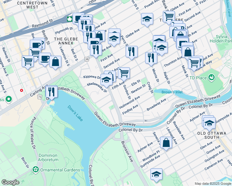 map of restaurants, bars, coffee shops, grocery stores, and more near in Ottawa