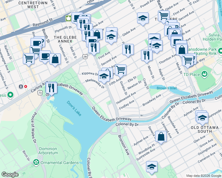 map of restaurants, bars, coffee shops, grocery stores, and more near in Ottawa