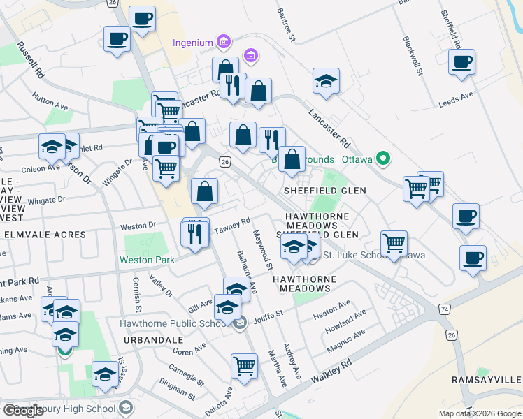 map of restaurants, bars, coffee shops, grocery stores, and more near 2007 Tawney Road in Ottawa