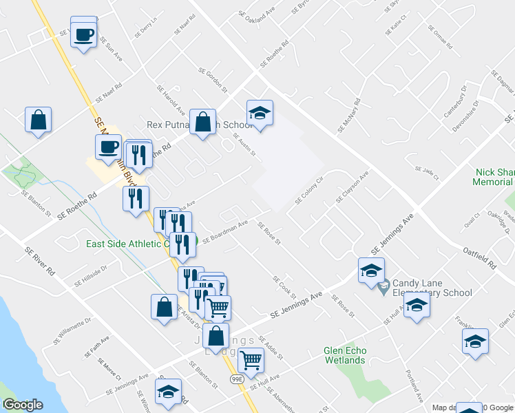 map of restaurants, bars, coffee shops, grocery stores, and more near 17446 Southeast Boardman Court in Portland