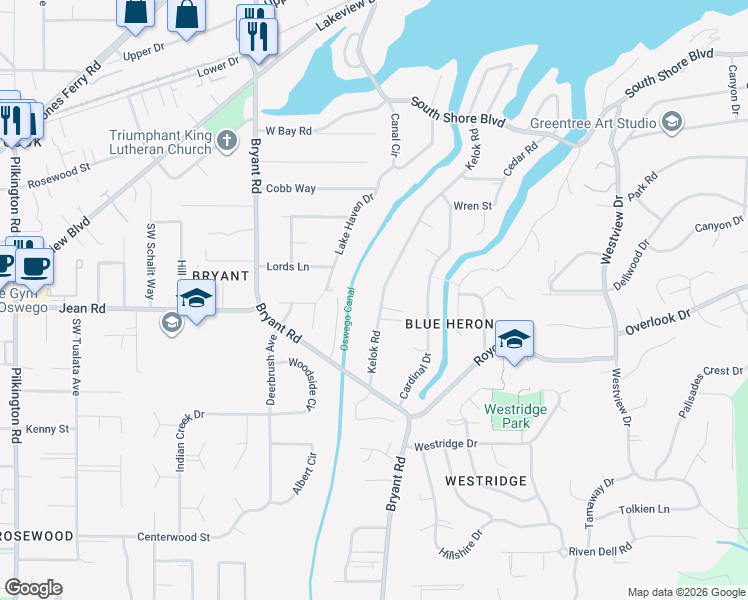 map of restaurants, bars, coffee shops, grocery stores, and more near 17757 Kelok Road in Lake Oswego