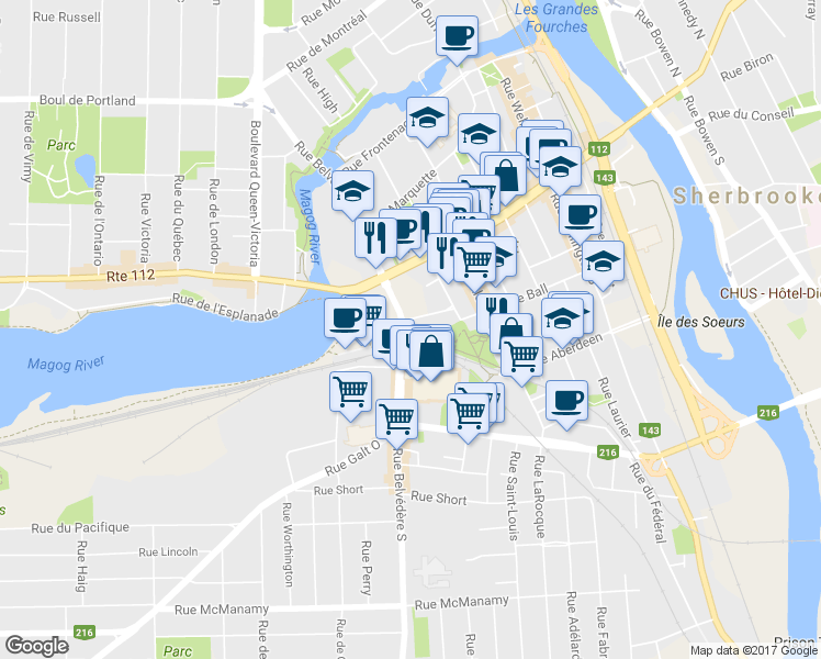 map of restaurants, bars, coffee shops, grocery stores, and more near 100 Rue Belvédère Sud in Sherbrooke
