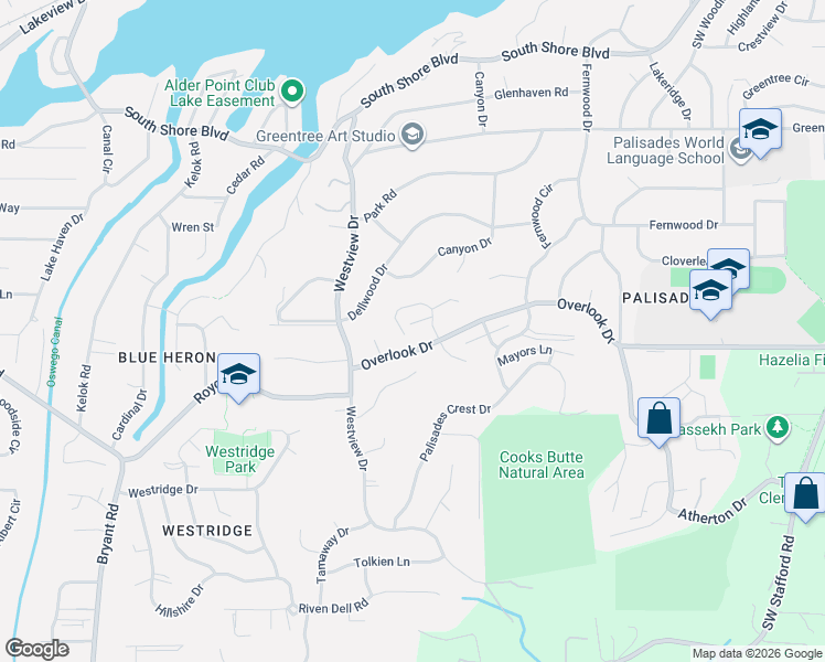 map of restaurants, bars, coffee shops, grocery stores, and more near 17780 Overlook Circle in Lake Oswego