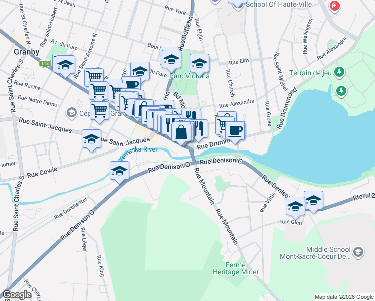 map of restaurants, bars, coffee shops, grocery stores, and more near 6 Rue Principale in Granby