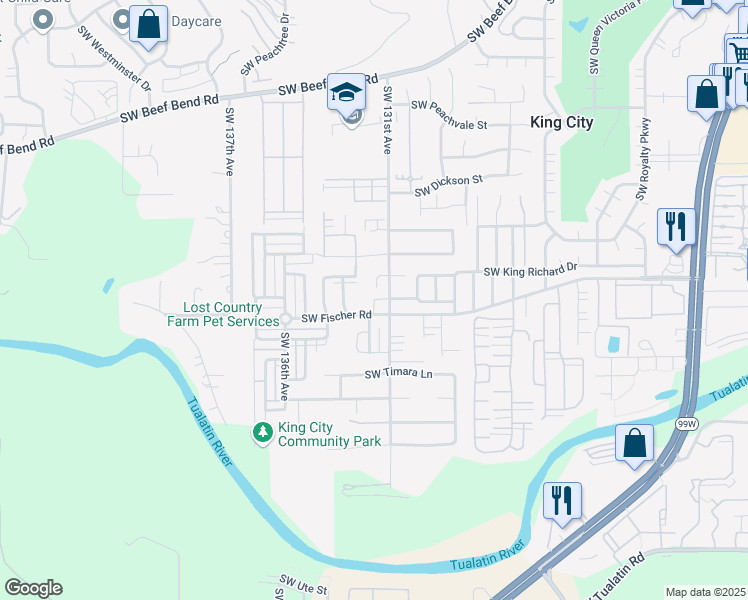 map of restaurants, bars, coffee shops, grocery stores, and more near 16935 Southwest 131st Avenue in King City