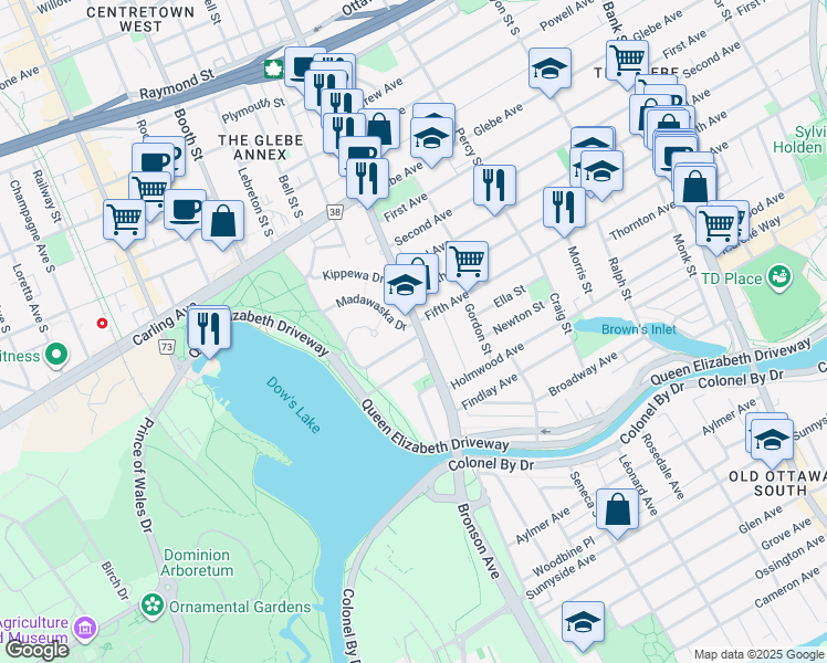 map of restaurants, bars, coffee shops, grocery stores, and more near 1 Old Sunset Boulevard in Ottawa