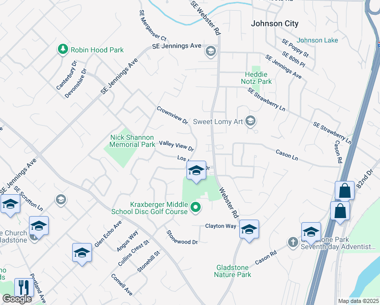 map of restaurants, bars, coffee shops, grocery stores, and more near 17435 Crownview Drive in Gladstone