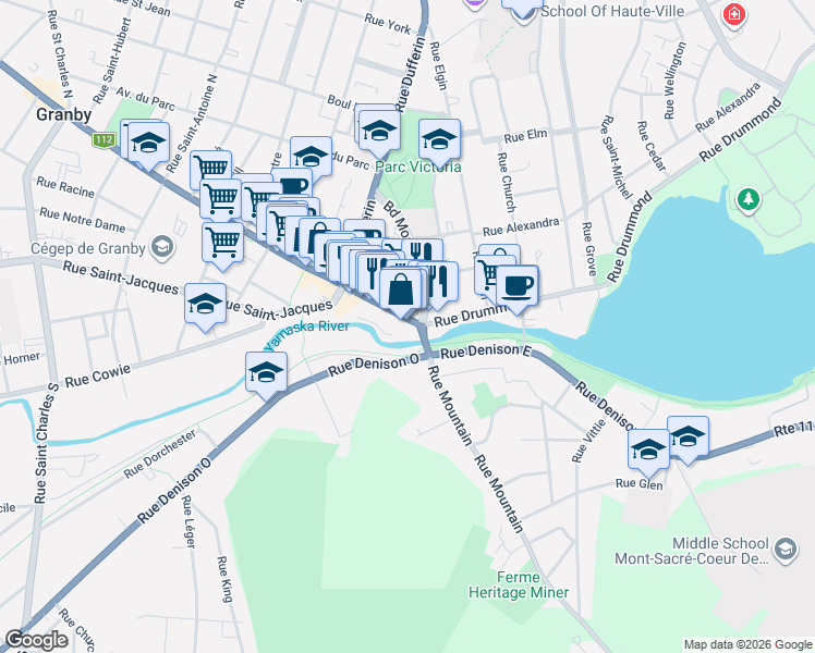 map of restaurants, bars, coffee shops, grocery stores, and more near 14 Principale Street in Granby