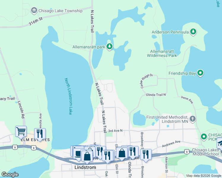 map of restaurants, bars, coffee shops, grocery stores, and more near 31057 Magnolia Ridge Way in Lindstrom