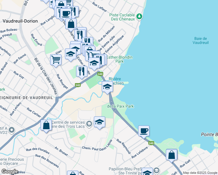 map of restaurants, bars, coffee shops, grocery stores, and more near 405 Avenue Saint-Charles in Vaudreuil-Dorion