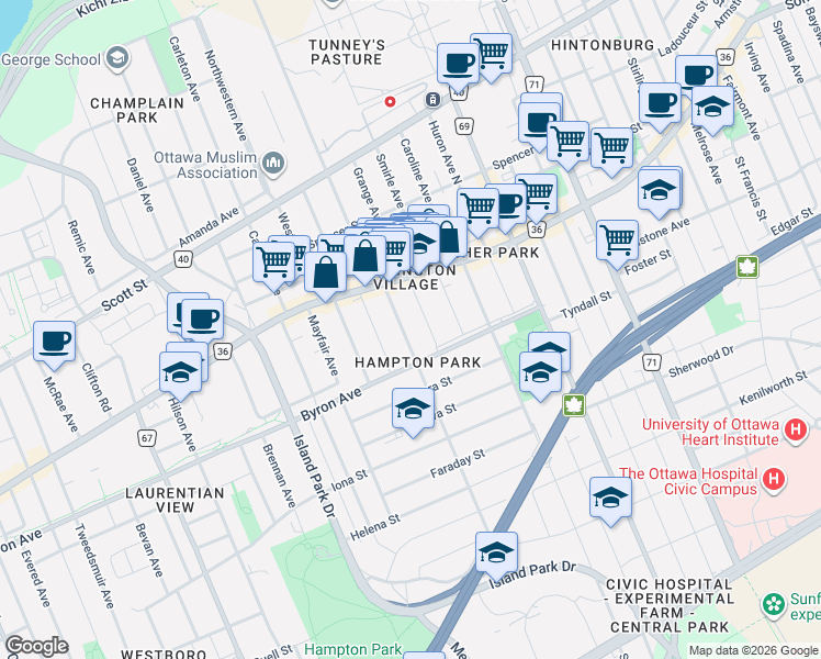 map of restaurants, bars, coffee shops, grocery stores, and more near 32 Clarendon Avenue in Ottawa