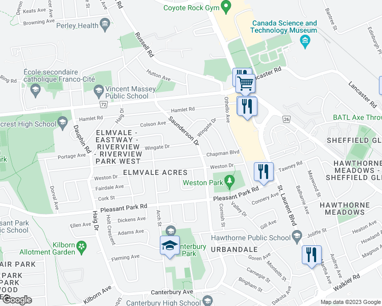 map of restaurants, bars, coffee shops, grocery stores, and more near 895 Chapman Boulevard in Ottawa