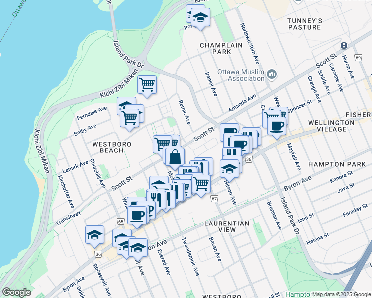 map of restaurants, bars, coffee shops, grocery stores, and more near in Ottawa