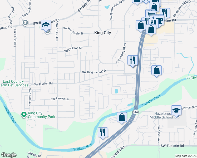 map of restaurants, bars, coffee shops, grocery stores, and more near 12450 King Village in King City