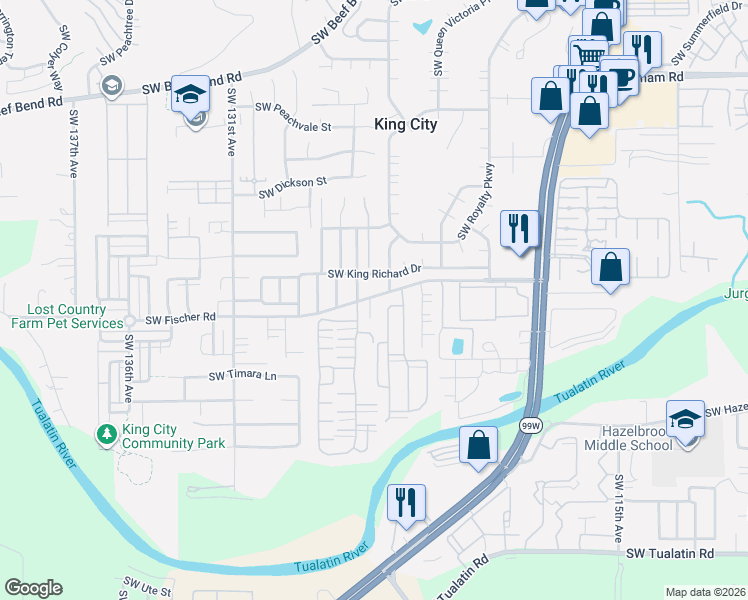 map of restaurants, bars, coffee shops, grocery stores, and more near 16915 Southwest 126th Avenue in King City