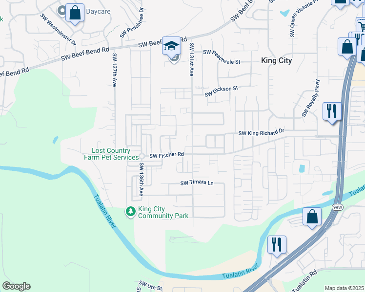 map of restaurants, bars, coffee shops, grocery stores, and more near 16935 Southwest 131st Avenue in King City