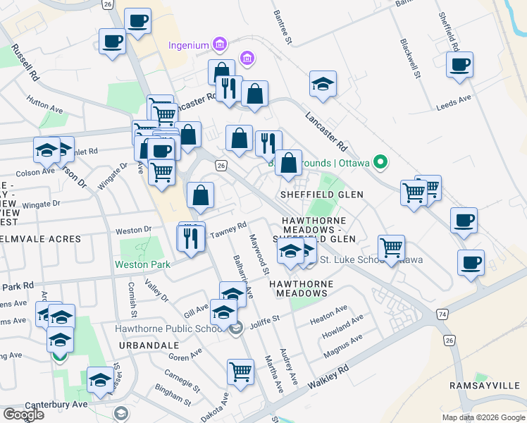 map of restaurants, bars, coffee shops, grocery stores, and more near 2015 Tawney Road in Ottawa