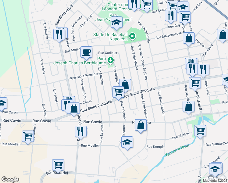 map of restaurants, bars, coffee shops, grocery stores, and more near 255 Rue Beaumont in Granby