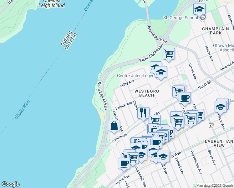 map of restaurants, bars, coffee shops, grocery stores, and more near 219 Atlantis Avenue in Ottawa