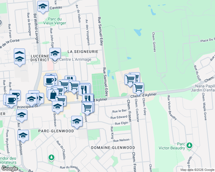 map of restaurants, bars, coffee shops, grocery stores, and more near 185 Rue Samuel-Edey in Gatineau