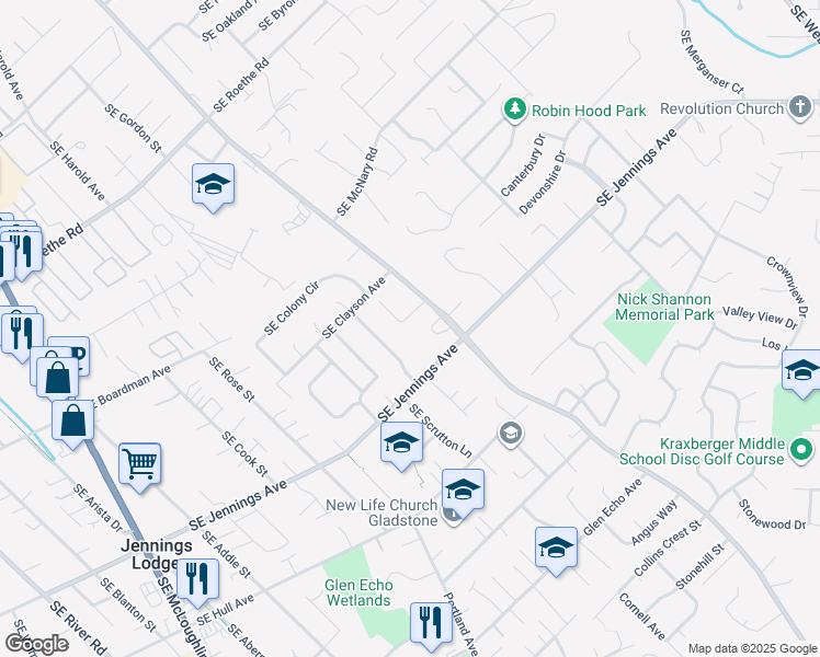 map of restaurants, bars, coffee shops, grocery stores, and more near 17285 Southeast Oatfield Road in Milwaukie
